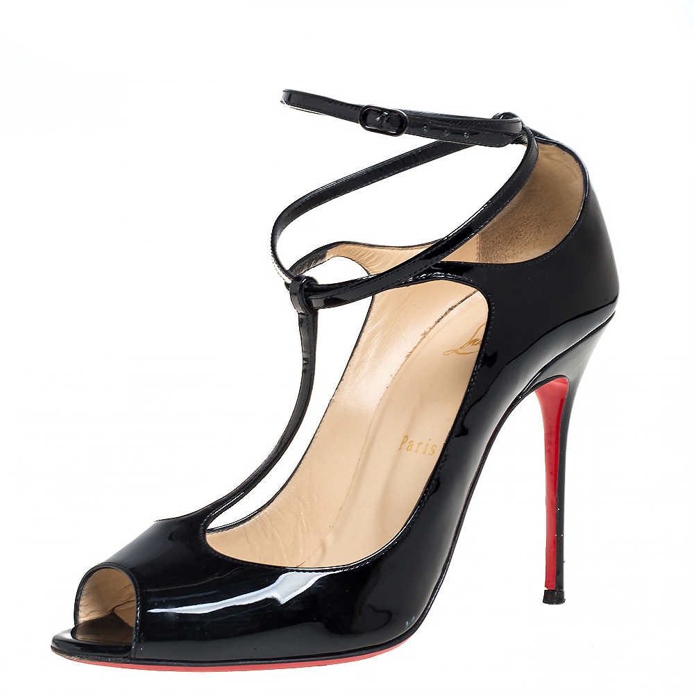 Pre-owned Christian Louboutin Black Patent Leather Talitha Peep Toe Pumps Size 39