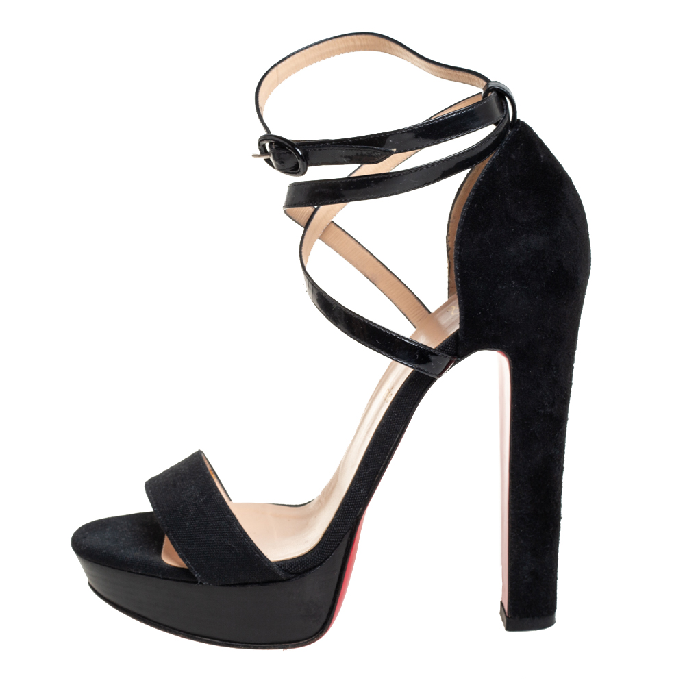 

Christian Louboutin Black Suede And Canvas Ankle Strap Platform Sandals Size