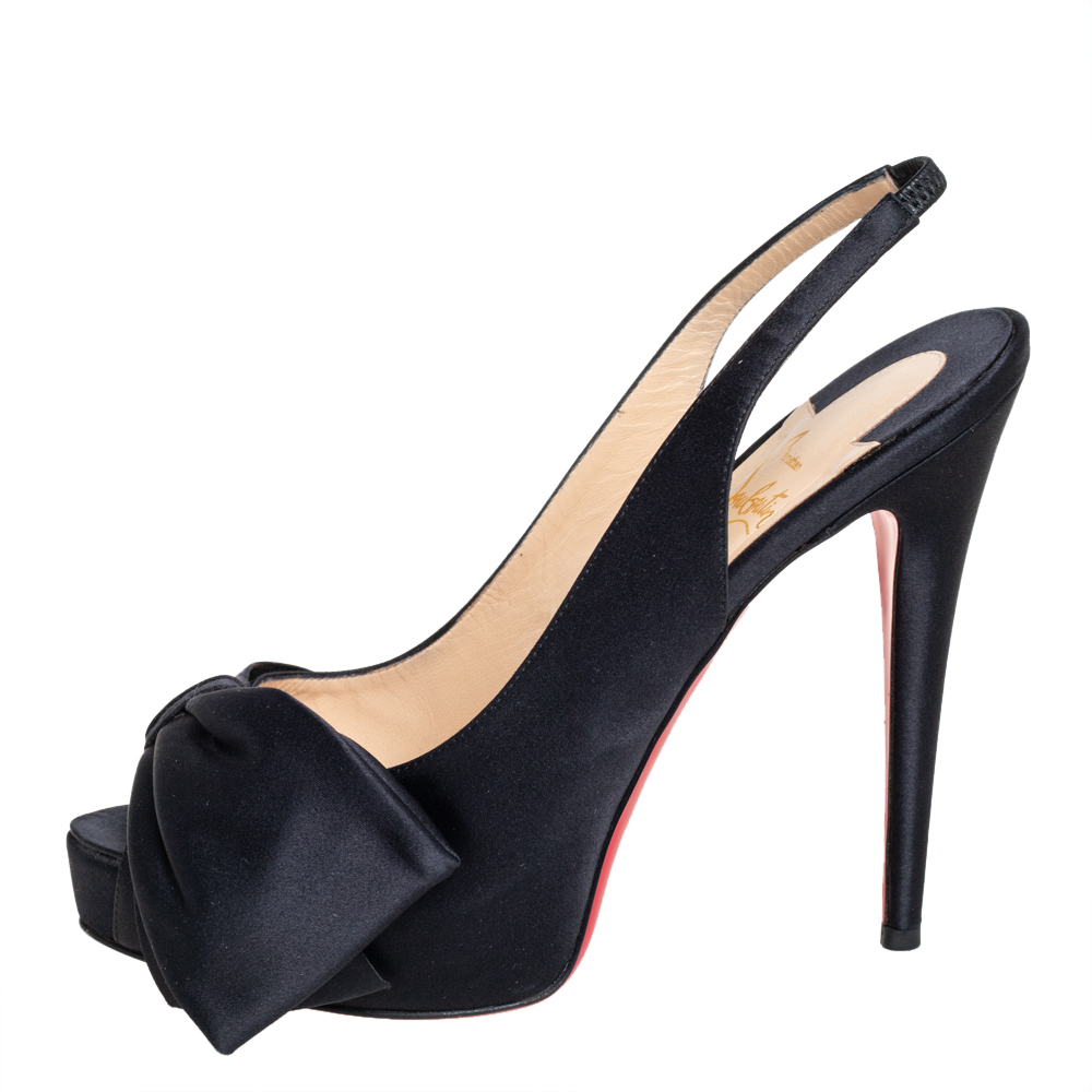

Christian Louboutin Black Satin Bow Slingback Platform Sandals Size