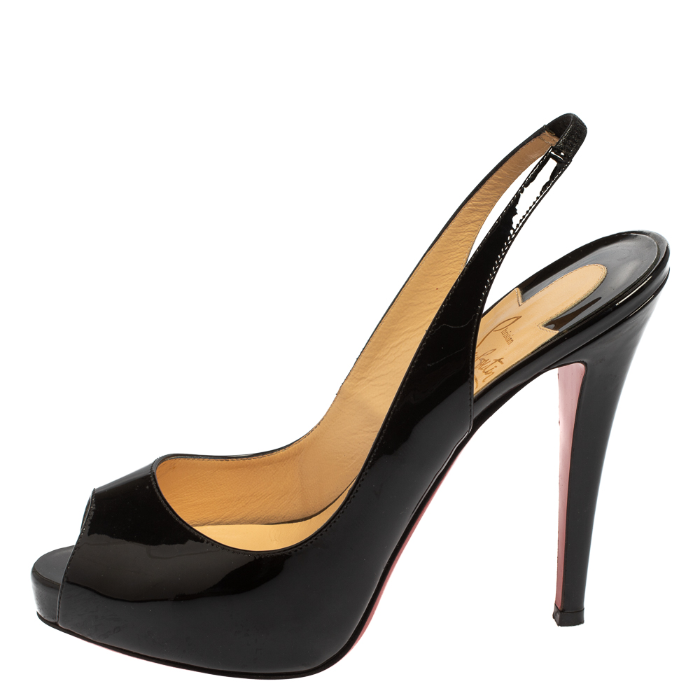 

Christian Louboutin Black Patent Leather Private Number Peep Toe Slingback Sandals Size