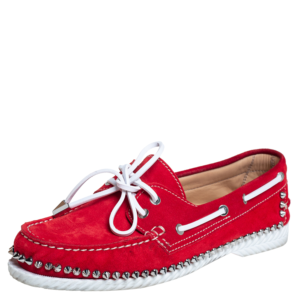 Pre-owned Christian Louboutin Red Suede Steckel Spike Boat Loafers Size 40.5