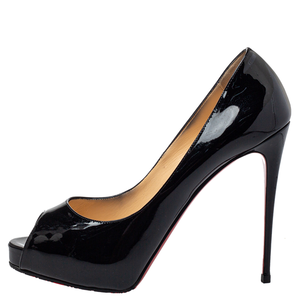 

Christian Louboutin Black Patent Leather New Very Prive Peep Toe Platform Pumps Size
