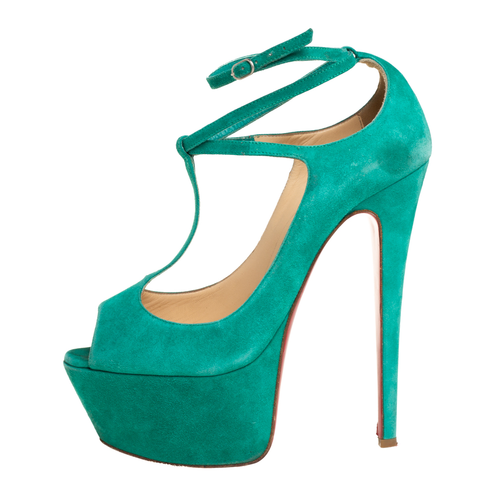 

Christian Louboutin Green Suede T-Strap Peep Toe Platform Sandals Size