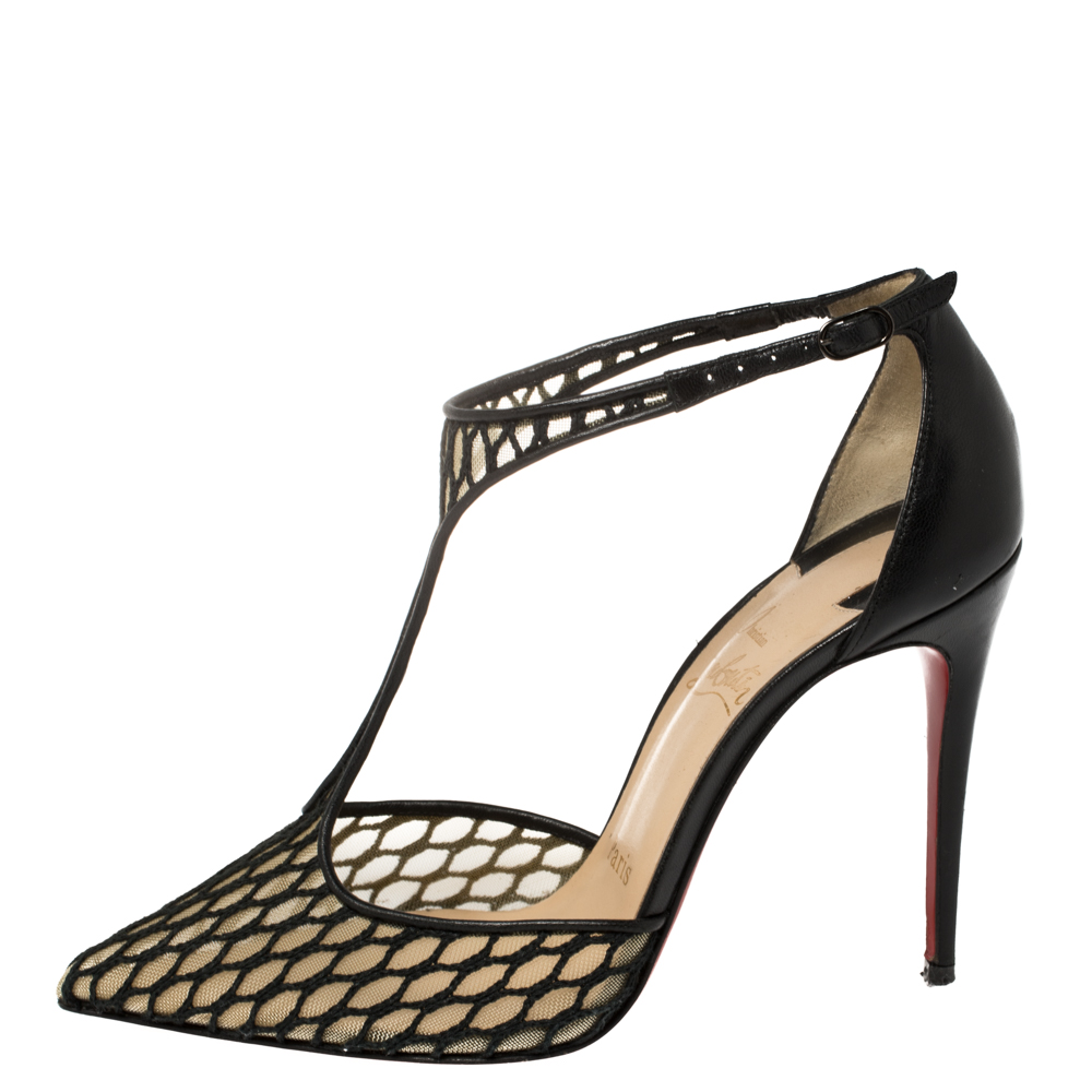 

Christian Louboutin Black Lace and Mesh Salonu Pointed Toe T Strap Sandals Size