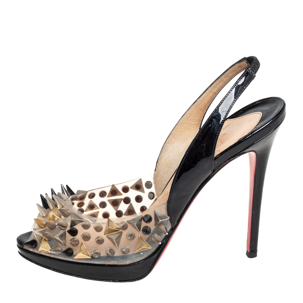 

Christian Louboutin Black/White Patent Leather And PVC Pik Pik Pik Slingback Sandals Size