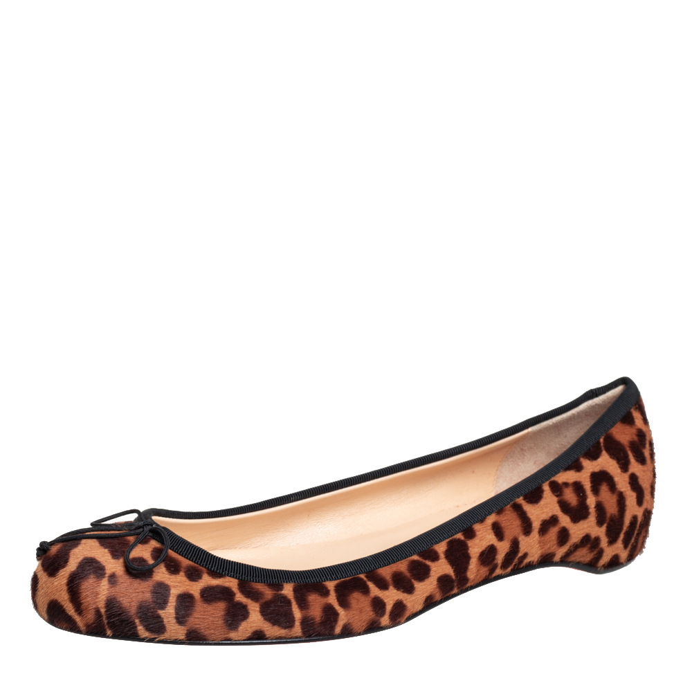 Pre-owned Christian Louboutin Brown/beige Leopard Print Calf Hair Bow Ballet Flats Size 37