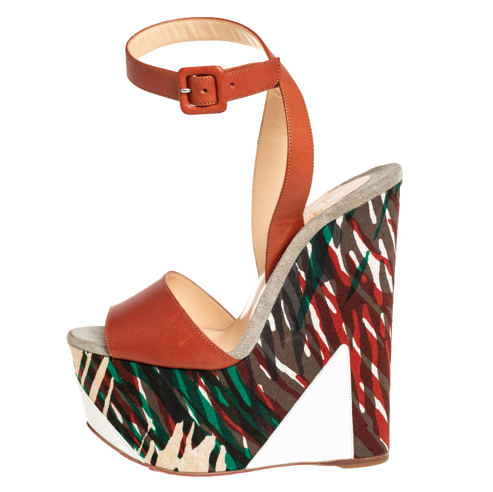 

Christian Louboutin Green/Brown Leather and Canvas Tromploia Wedge Platform Sandals Size