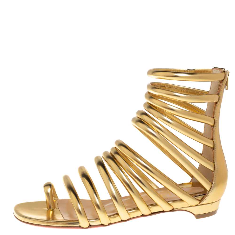 

Christian Louboutin Gold Leather Catchetta Gladiator Flat Sandals Size