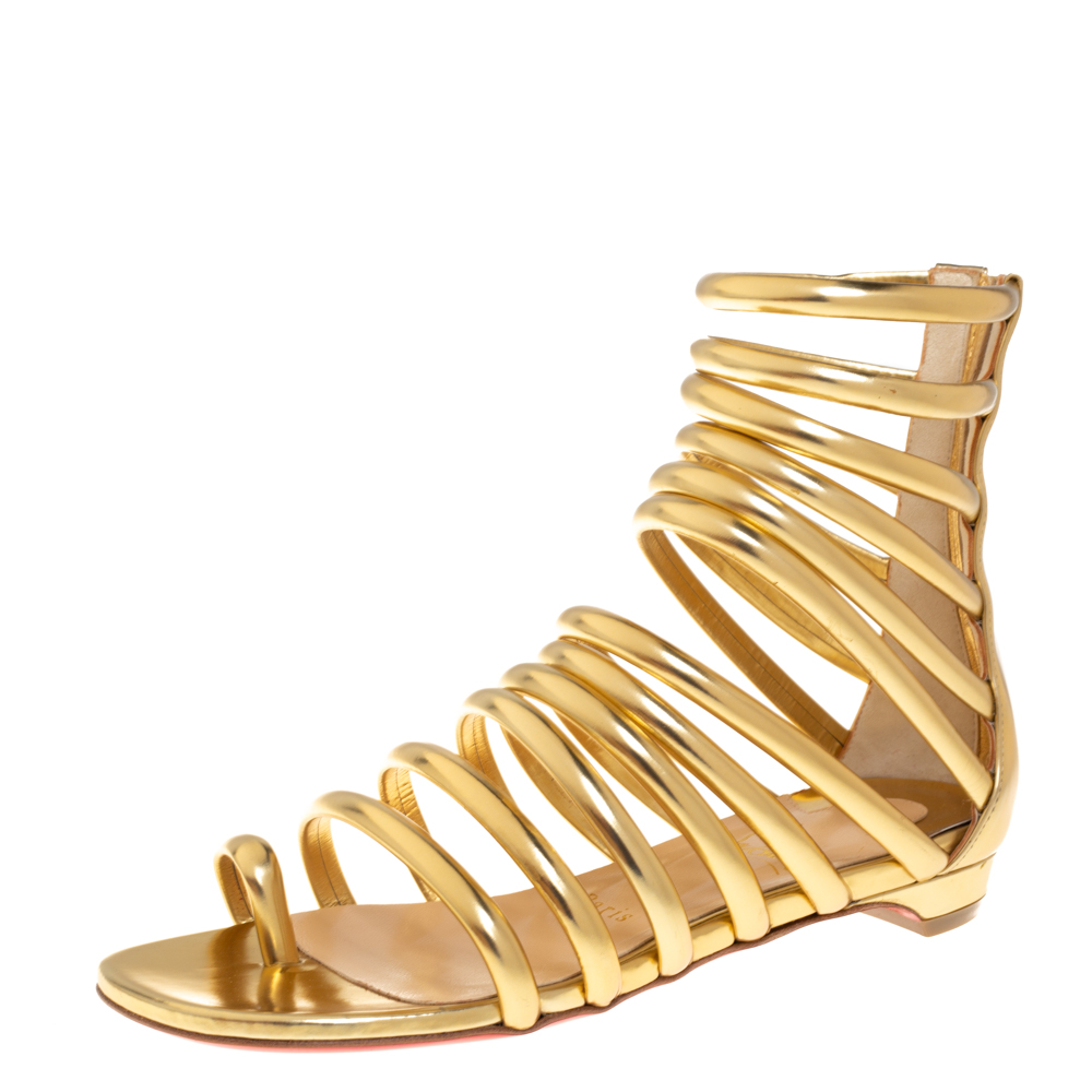 Pre-owned Christian Louboutin Gold Leather Catchetta Gladiator Flat Sandals Size 36