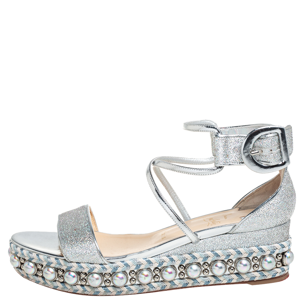 

Christian Louboutin Silver Lurex Fabric Chocazeppa Wedge Platform Espadrille Sandals Size