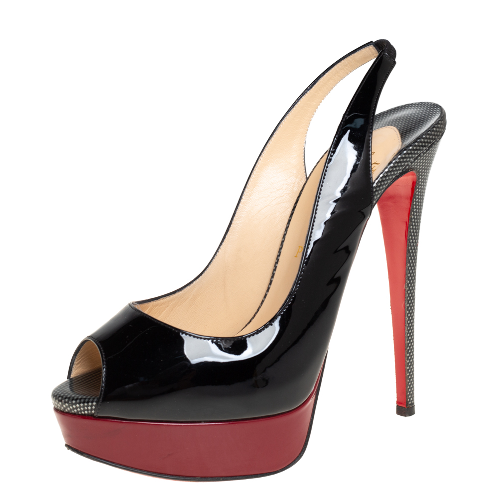 Pre-owned Christian Louboutin Black Patent Leather Lady Peep Toe Sandals Size 38.5