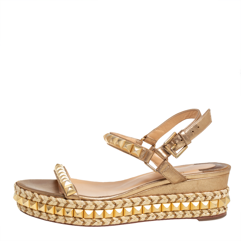 

Christian Louboutin Metallic Gold Studded Leather Cataclou Espadrille Wedge Sandals Size