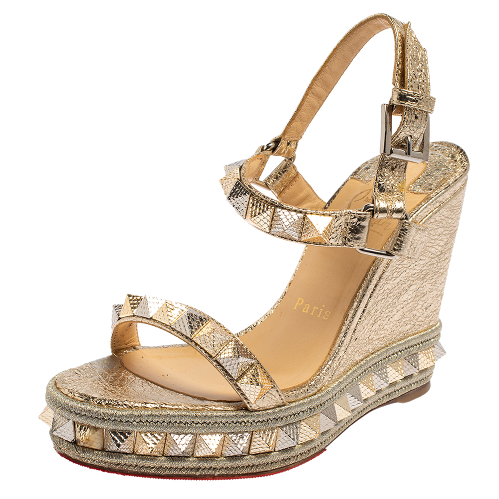 Pre-owned Christian Louboutin Gold Foil Leather Studded Pyradiams Wedge Sandals Size 36