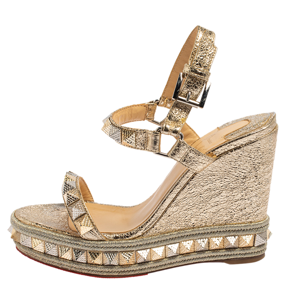 

Christian Louboutin Gold Foil Leather Studded Pyradiams Wedge Sandals Size