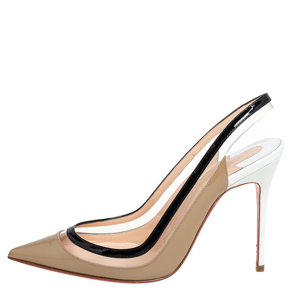 

Christian Louboutin Beige/Black PVC And Patent Leather Paulina Pointed Toe Slingback Sandals Size