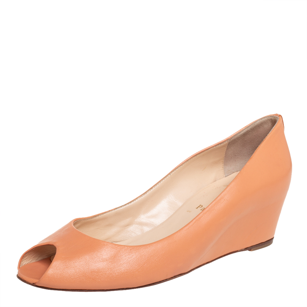 Pre-owned Christian Louboutin Light Peach Leather Peep Toe Wedge Pumps Size 39 In Orange