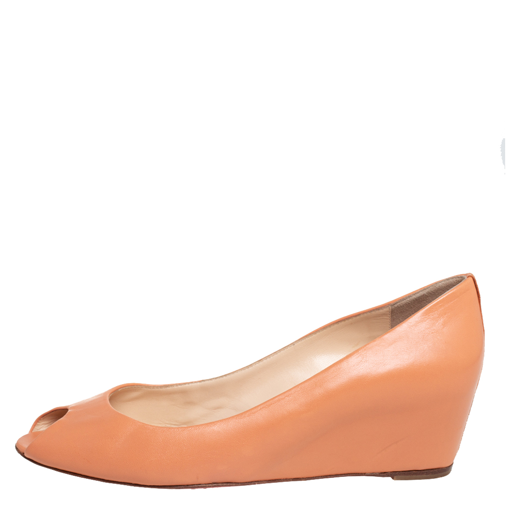 

Christian Louboutin Light Peach Leather Peep Toe Wedge Pumps Size, Orange