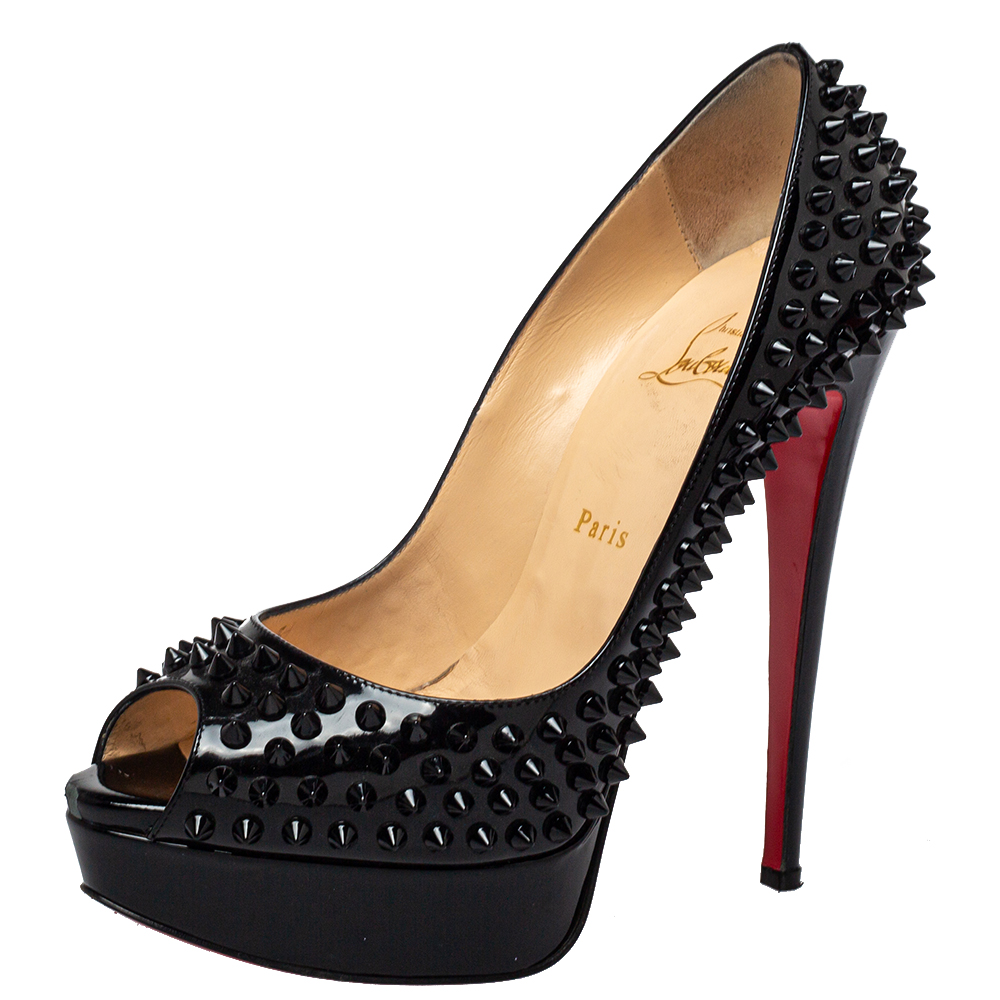 Pre-owned Christian Louboutin Black Patent Leather Lady Peep Toe Spike Platform Pumps Size 39