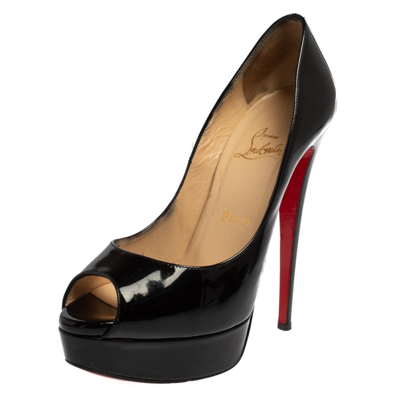 Pre-owned Christian Louboutin Black Patent Leather Very Prive Peep Toe Pumps Size 38.5