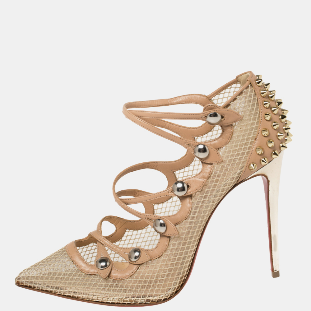 Pre-owned Christian Louboutin Beige Leather And Mesh Spike Strappy Sandals Size 39