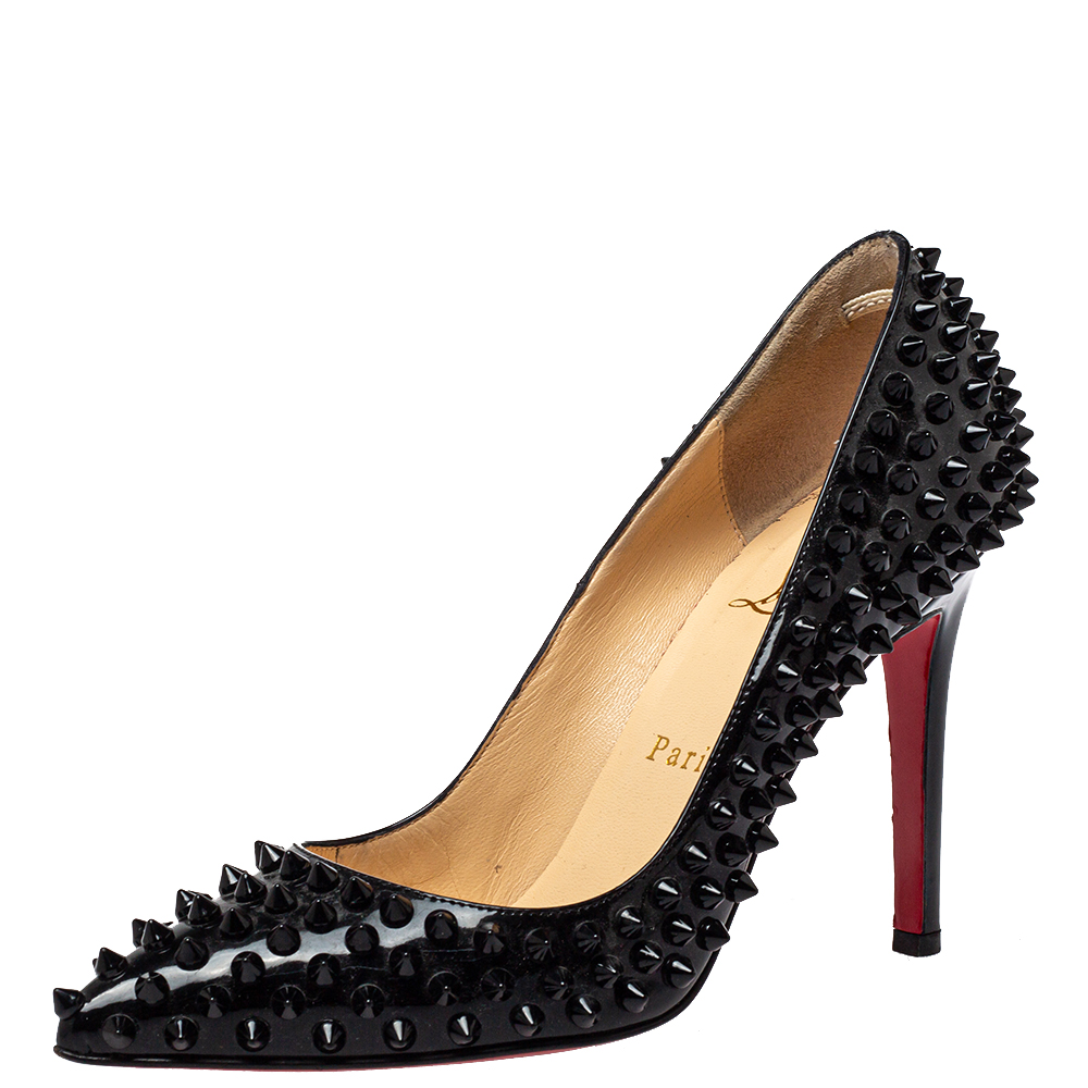 Pre-owned Christian Louboutin Black Patent Leather Pigalle Spikes Pumps Size 37