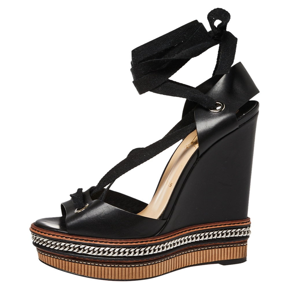 

Christian Louboutin Black Leather Tribuli Platform Wedge Sandals Size