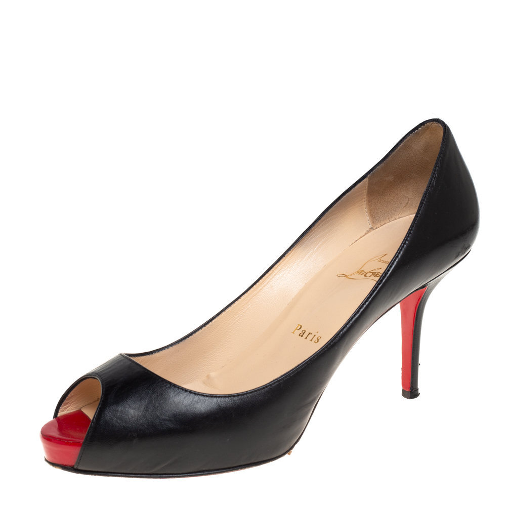 Pre-owned Christian Louboutin Black Leather Very Prive Peep Toe Pumps Size 39