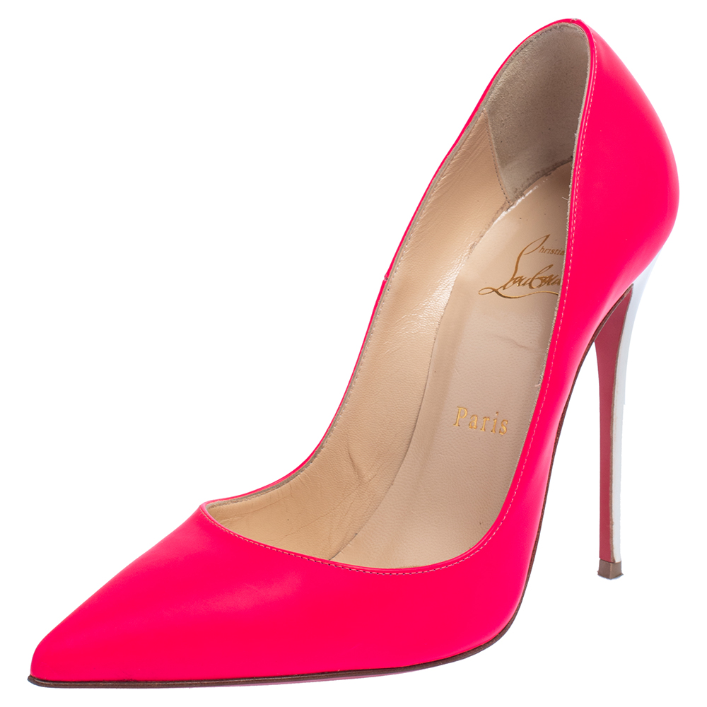 Pre-owned Christian Louboutin White/fuchsia Leather So Kate Pumps Size 37.5 In Pink