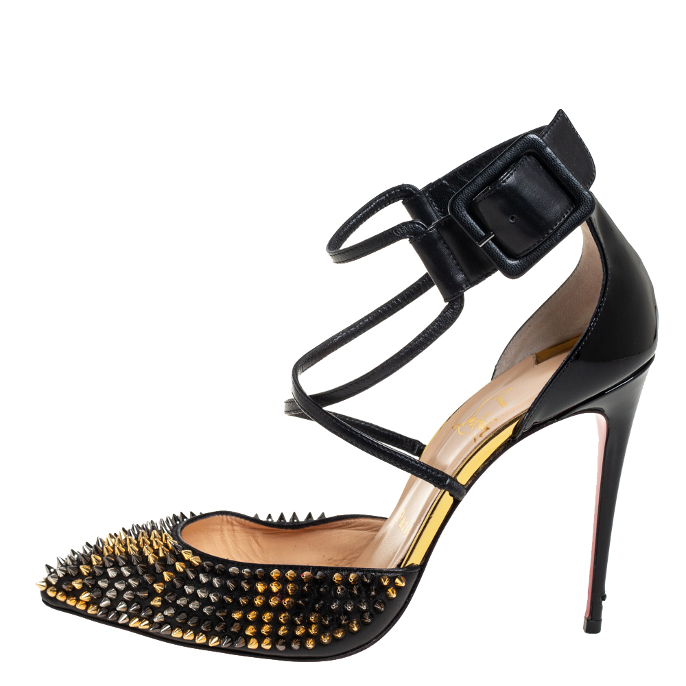 

Christian Louboutin Black Leather and Patent Leather Suzanna Spikes Leo Sandals Size