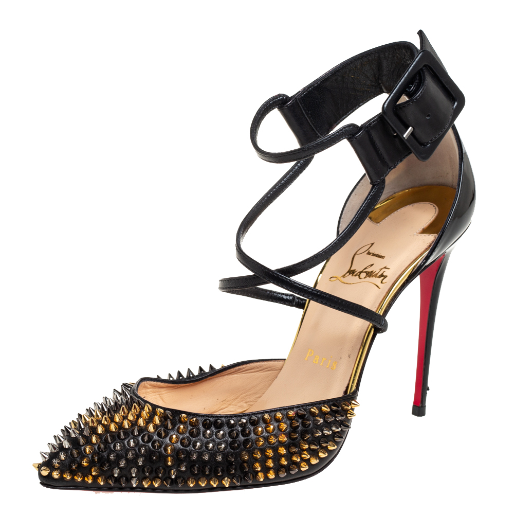 Pre-owned Christian Louboutin Black Leather And Patent Leather Suzanna Spikes Leo Sandals Size 38.5