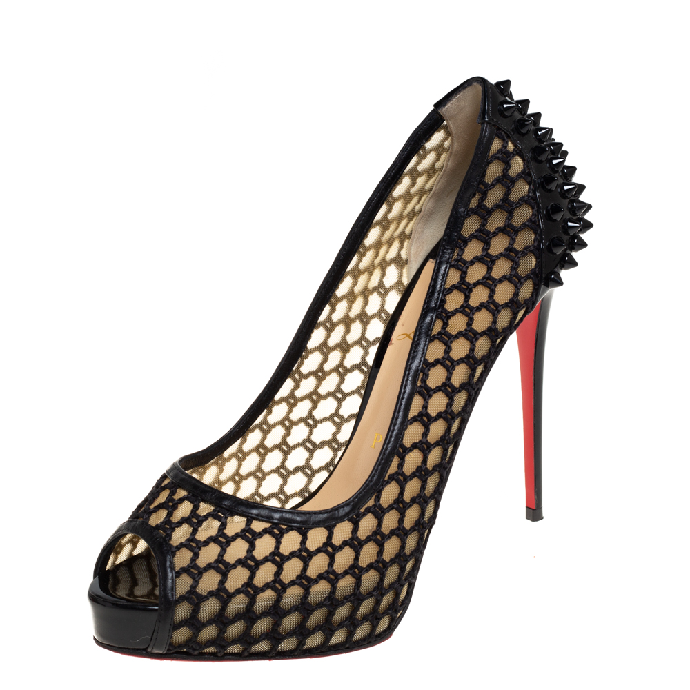Pre-owned Christian Louboutin Black Patent Leather And Mesh Guni Spiked Peep Toe Platform Pumps Size 38