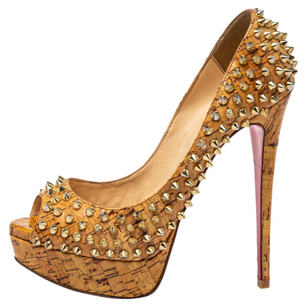 

Christian Louboutin Beige Cork Lady Peep Toe Spike Platform Pumps Size