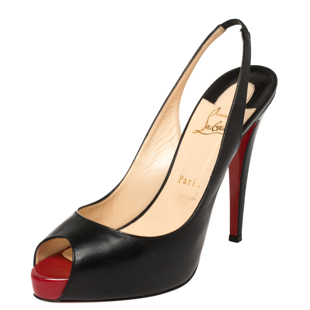 Pre-owned Christian Louboutin Black Leather Private Number Platform Slingback Sandals Size 40.5
