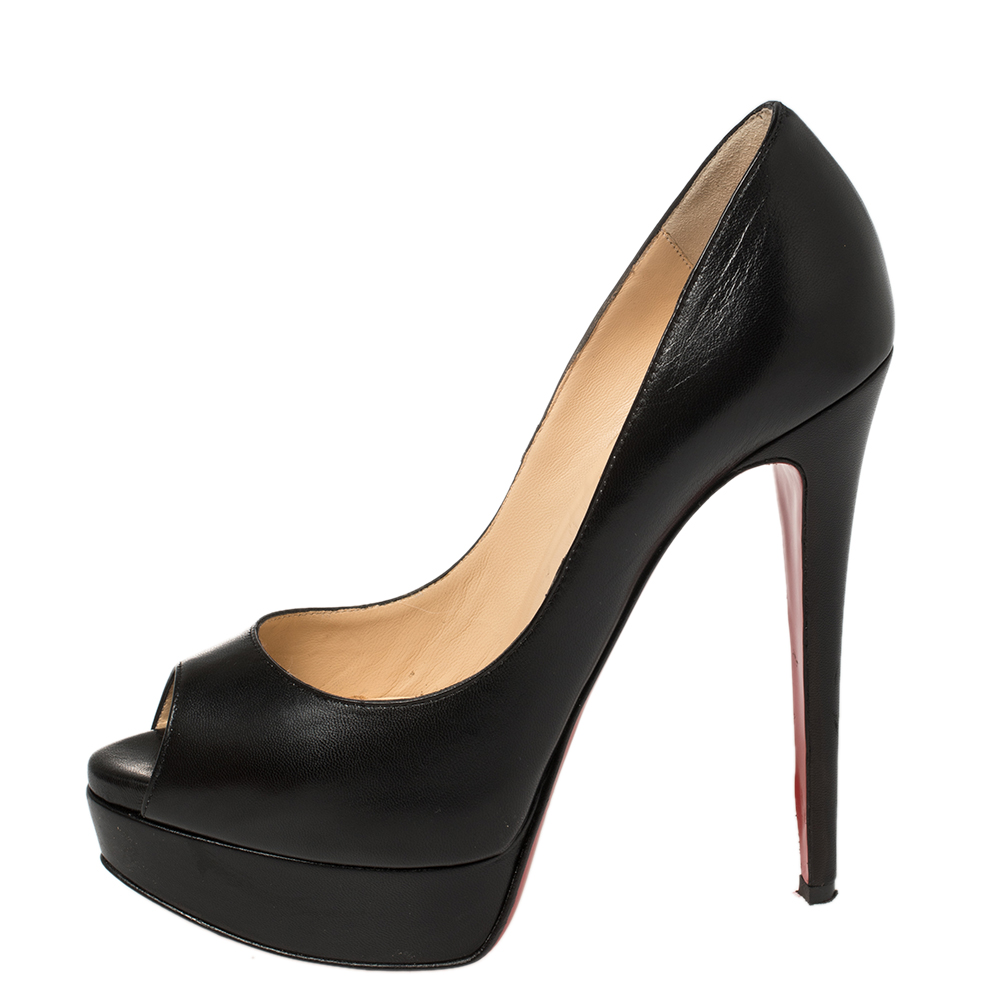 

Christian Louboutin Black Leather Lady Peep Toe Platform Pumps Size