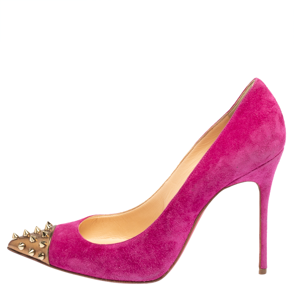 

Christian Louboutin Pink Suede Geo Spike Studded Cap Toe Pumps Size