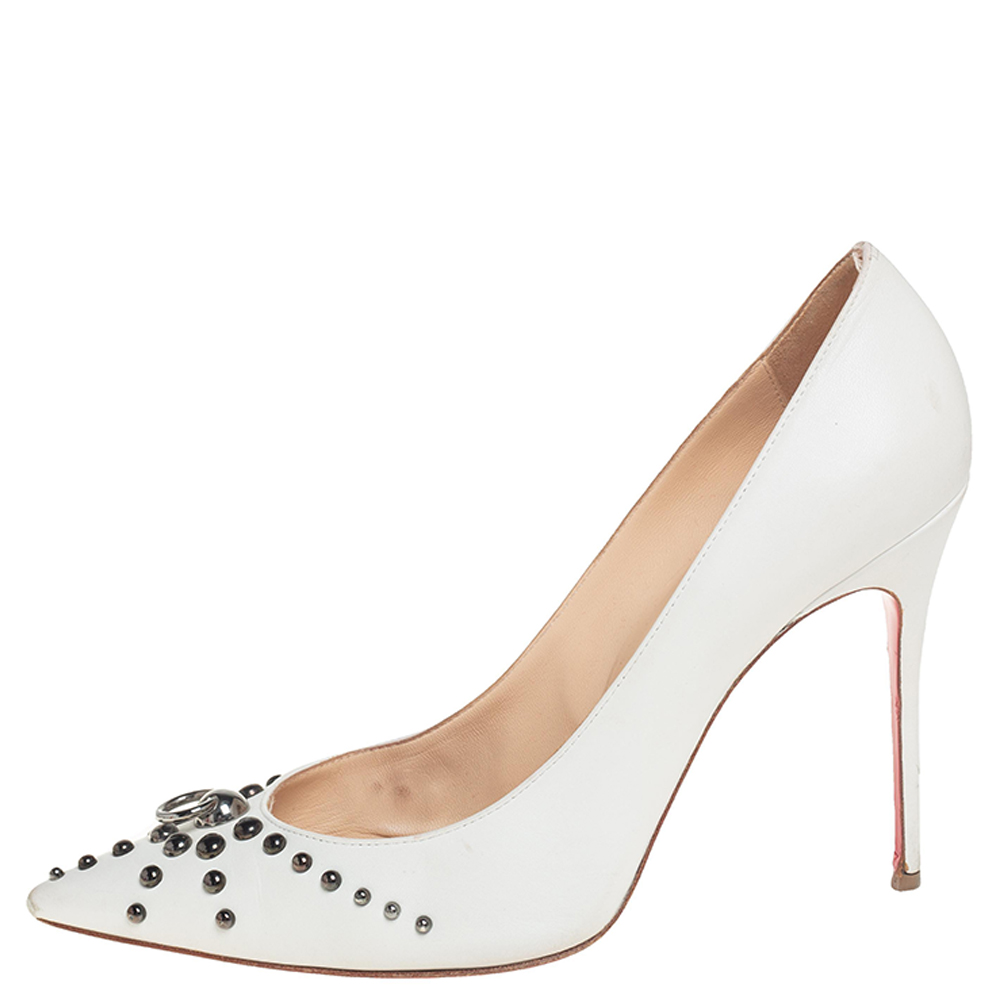 

Christian Louboutin White Leather Door Knock Studded Pumps Size
