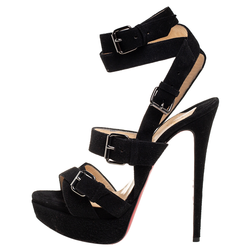 

Christian Louboutin, Black Suede toutenkaboucle Platform Buckled Ankle Straps Sandals Size