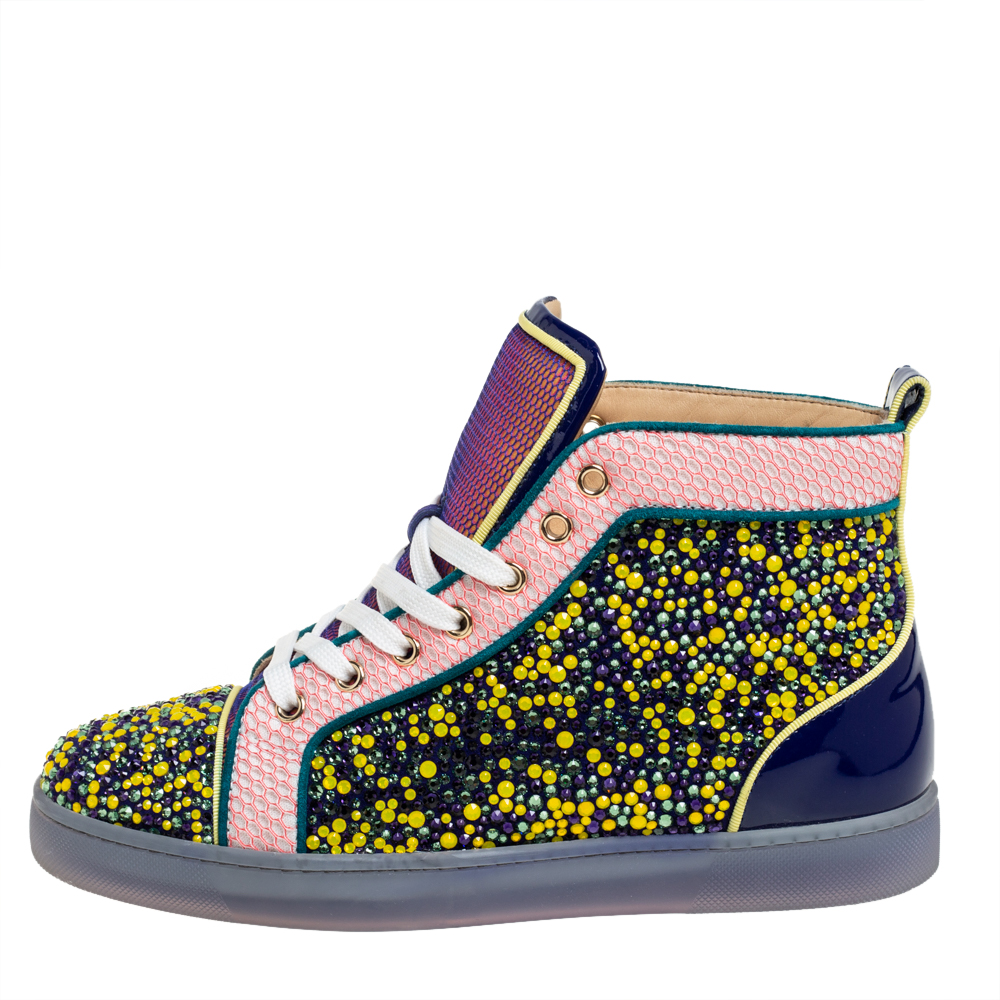 

Christian Louboutin Multicolor Mesh And Patent Leather Crystal Embellished High Top Sneakers Size