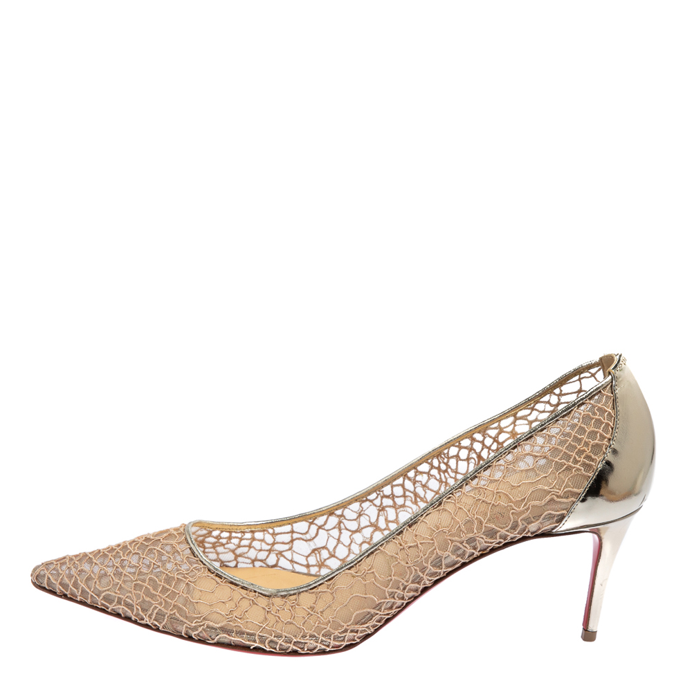 

Christian Louboutin Metallic Gold Lace And Leather Saramor Pointed Toe Pumps Size