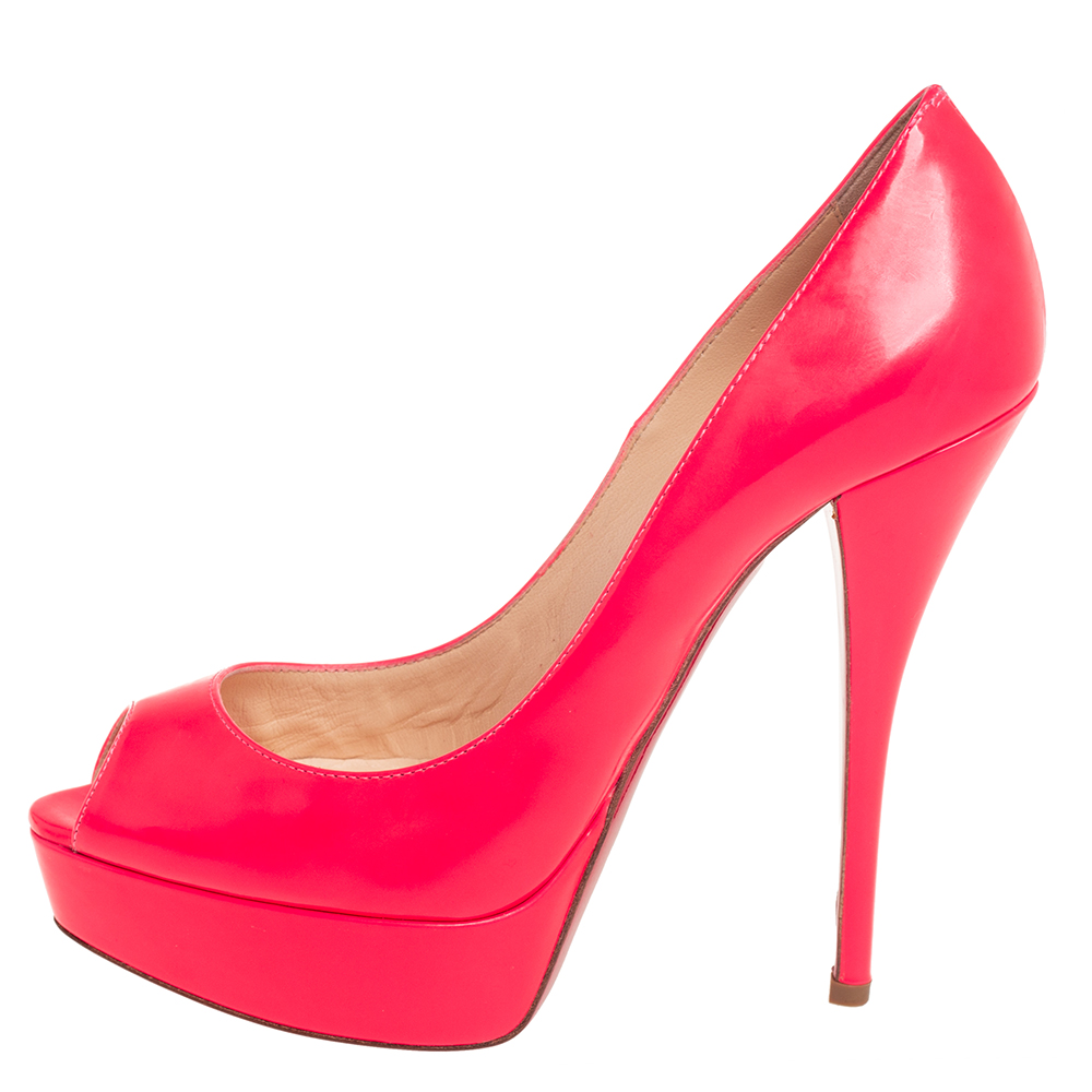

Christian Louboutin Neon Pink Leather Lady Peep Toe Platform Pumps Size