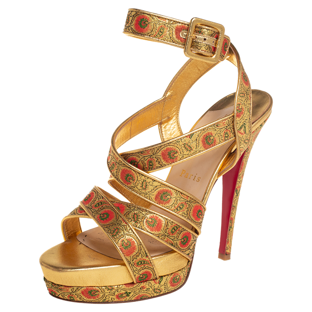 Christian Louboutin Gold Brocade Fabric Ankle Strap Platform Sandals Size 38