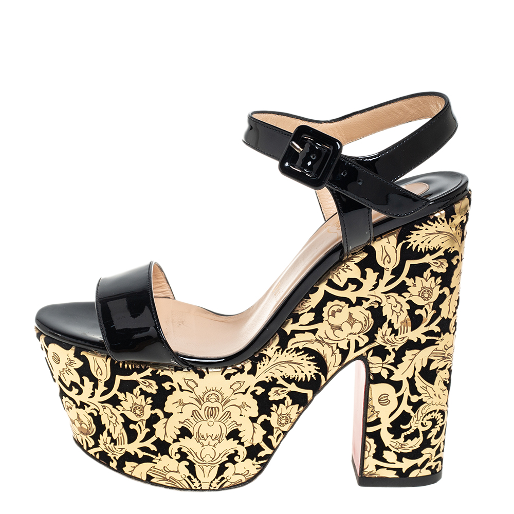 

Christian Louboutin Black/Gold Patent Leather Bella Tige Floral Platform Ankle Strap Sandals Size