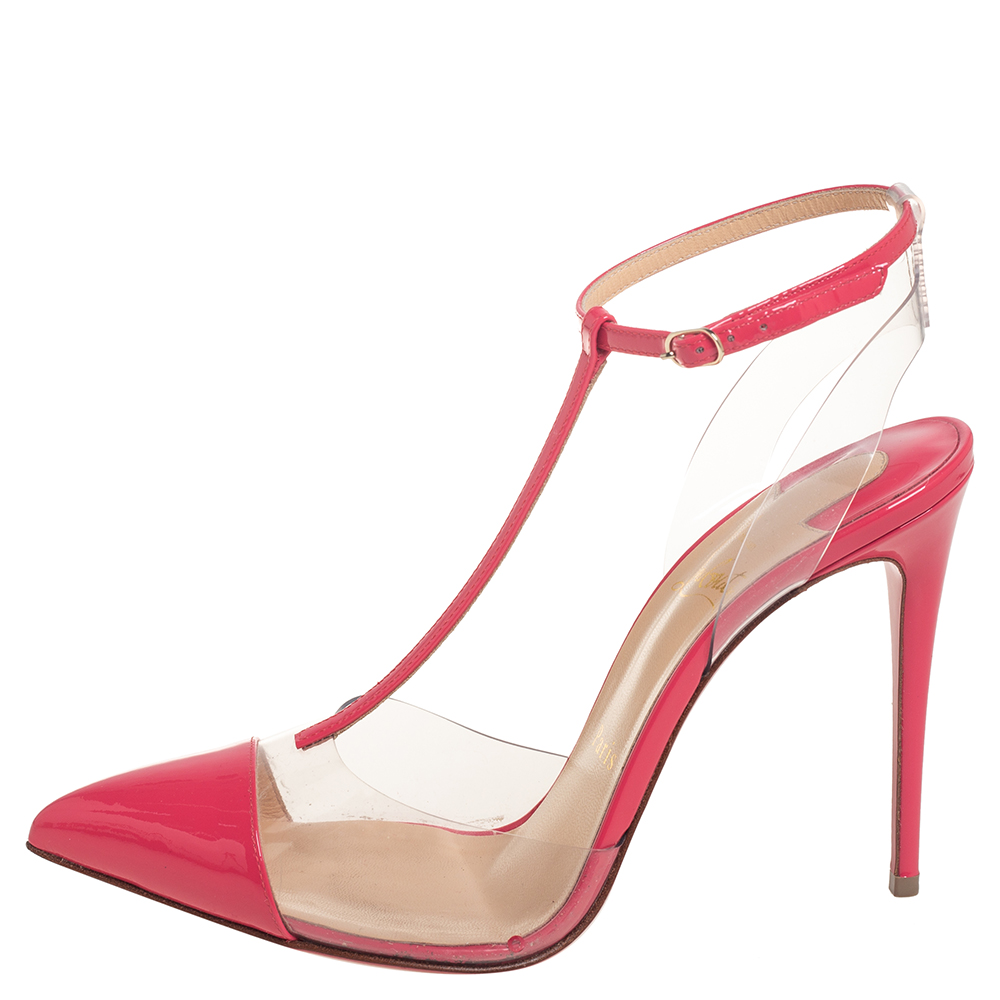

Christian Louboutin Pink Patent Leather And PVC Nosy T Strap Sandals Size
