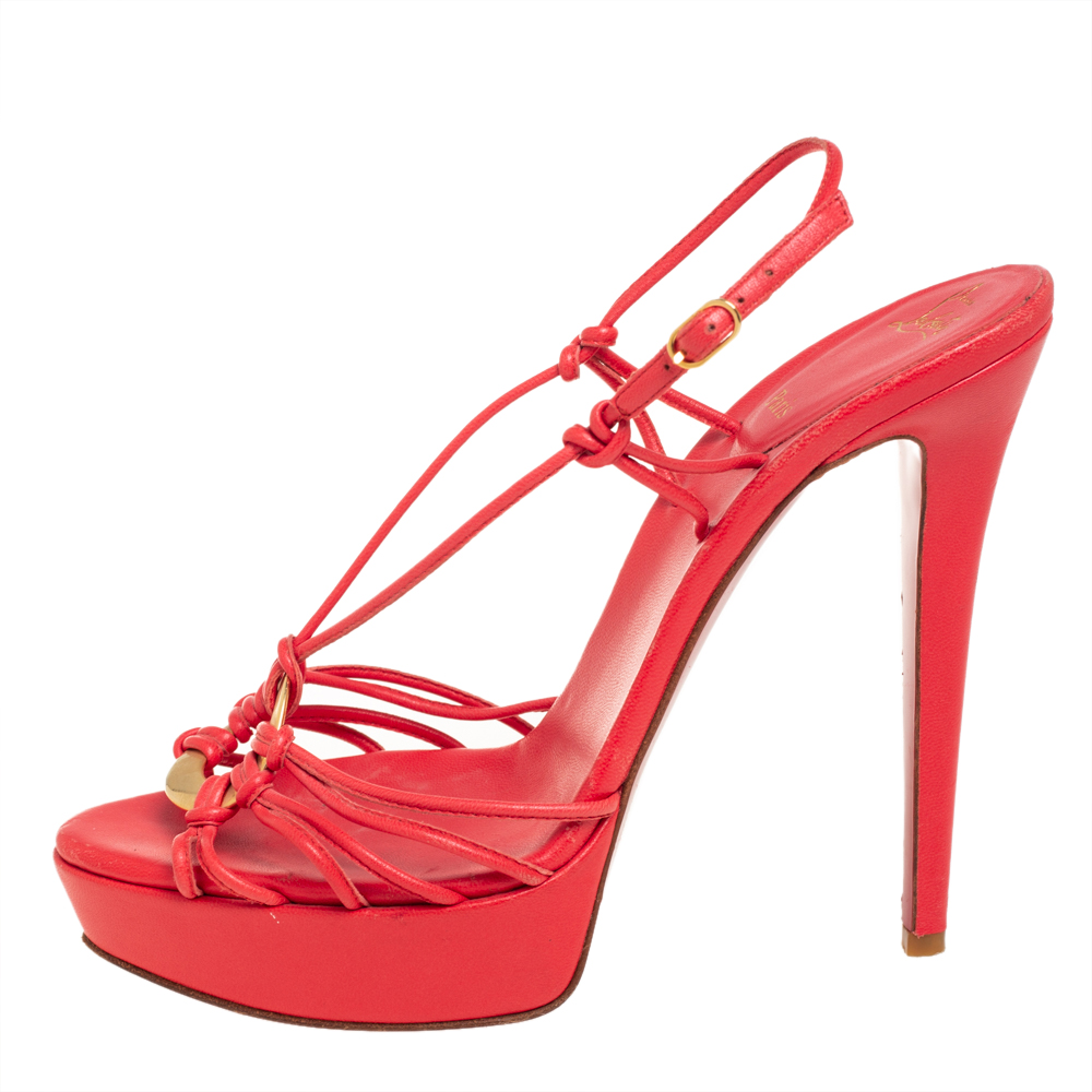 

Christian Louboutin Coral Red Leather Discolilou Platform Sandals Size