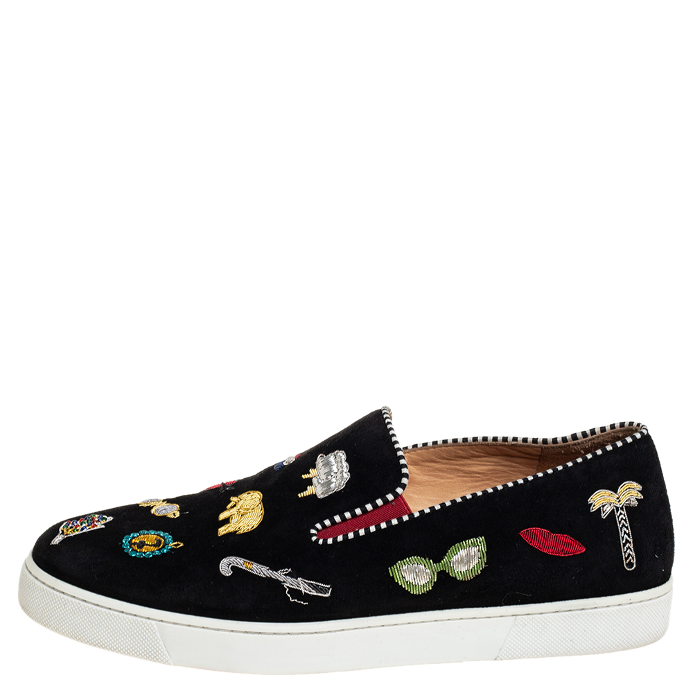 

Christian Louboutin Black Suede Embellished Pik N Luck Slip-On Sneakers Size
