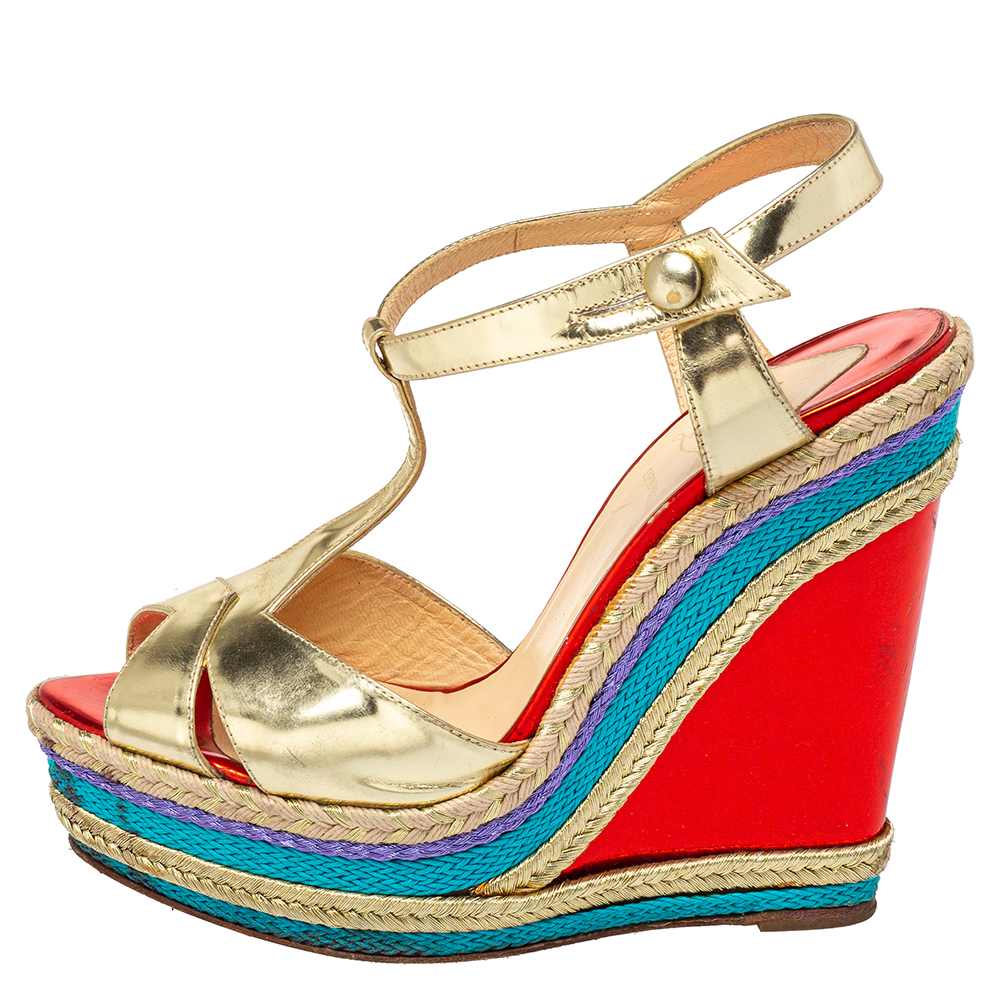 

Christian Louboutin Gold Leather T-Strap Trotolita Wedge Platform Sandals Size