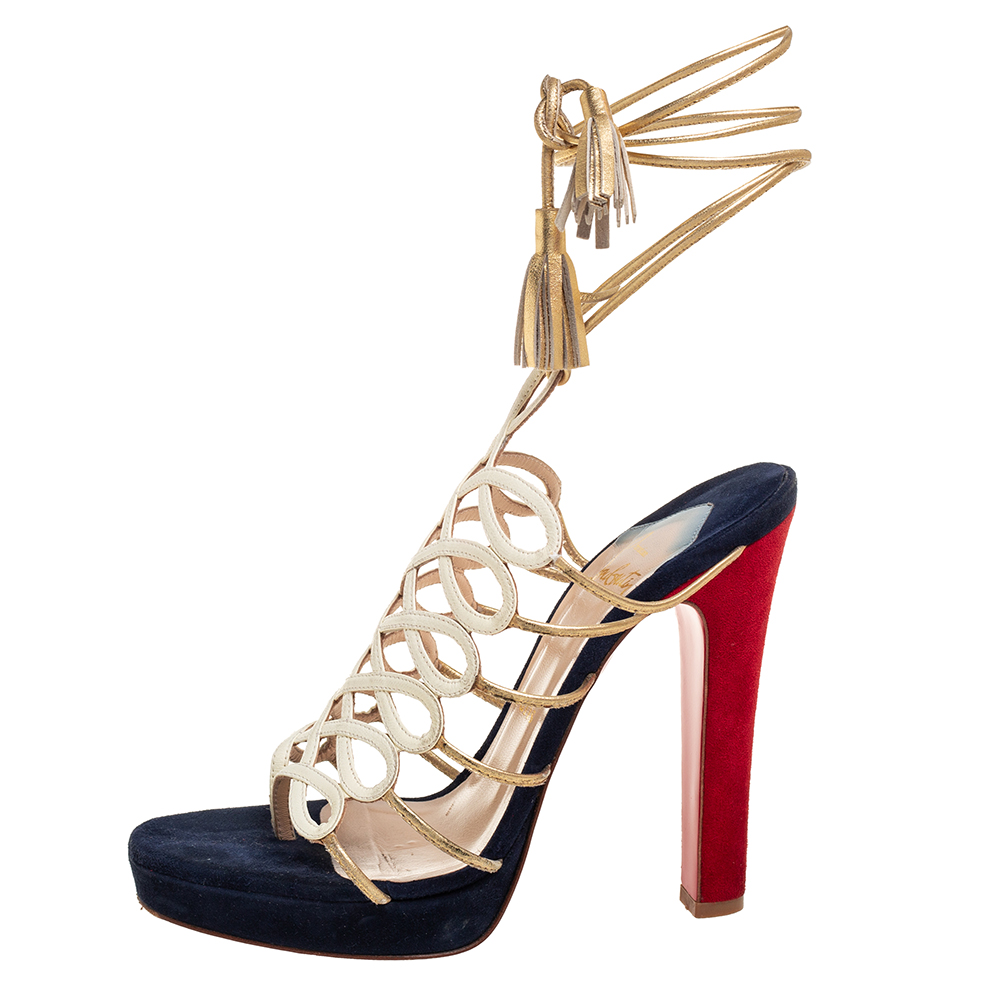

Christian Louboutin White/Gold Leather Strappy Sandals Size