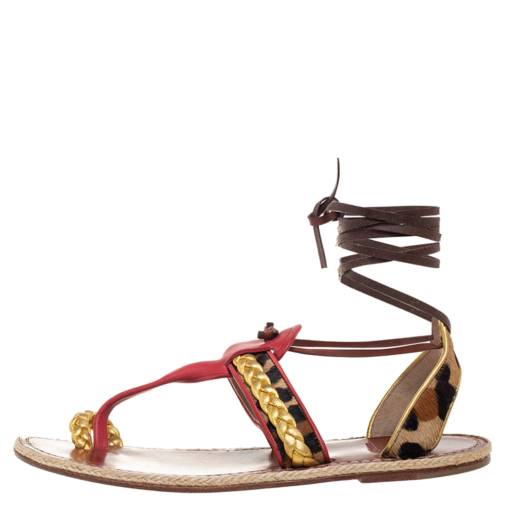 

Christian Louboutin Multicolor Leather Pony Hair Ankle Wrap Espadrille Sandals Size