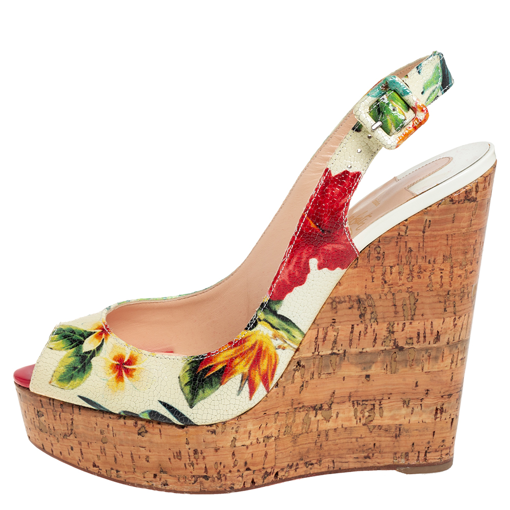 

Christian Louboutin Cream Leather Flower Cork Wedge Sandals Size, Multicolor