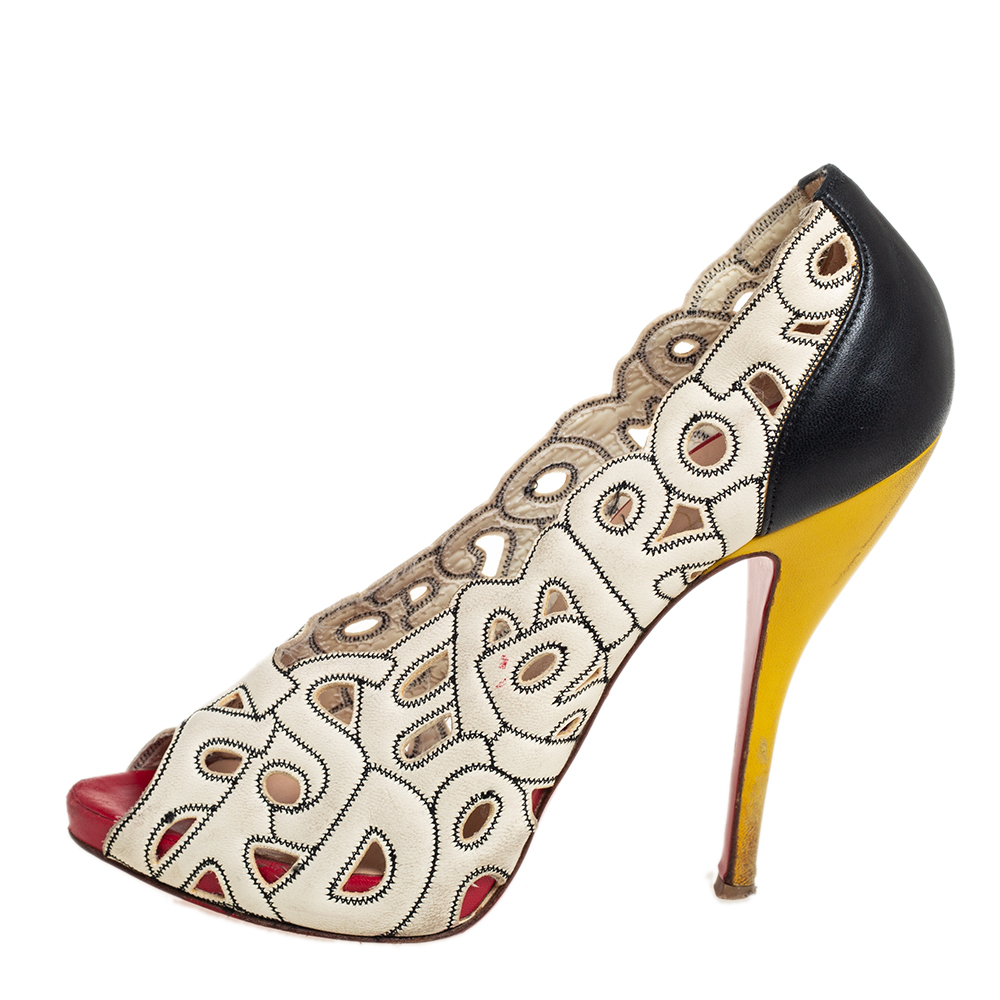 

Christian Louboutin Tricolor Leather Tell Me Cutout Peep Toe Pumps Size, Cream